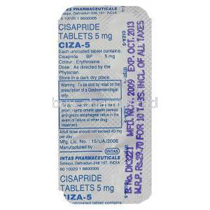 Generic Propulsid, Ciza Cisapride (Intas)  5 mg packging information