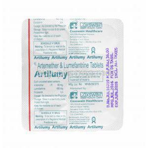 Artilumy, Artemether and Lumefantrine tablets back