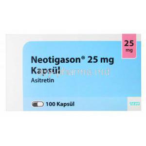 Neotigason 25mg Capsule, Asitretin, 100 Capsules, Box front view