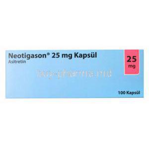 Neotigason 25mg Capsule, Asitretin, 100 Capsules, Box side view