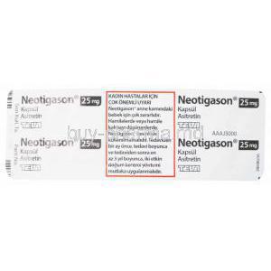Neotigason 25mg Capsule, Asitretin, 100 Capsules, Blister pack with information