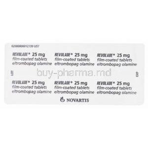 Revolade 25mg, Eltrombopag olamin, 14 tabs, Novartis, blister pack back presentation