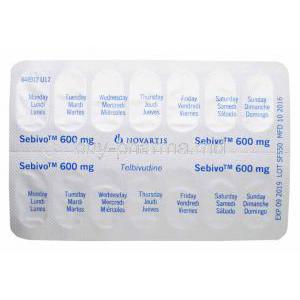 Sebivo, 28 tabs 600mg, Novartis, blister pack back presentation