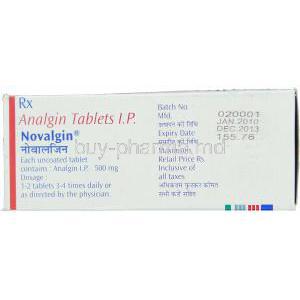 Novalgin, Analgin 500 Tablet composition