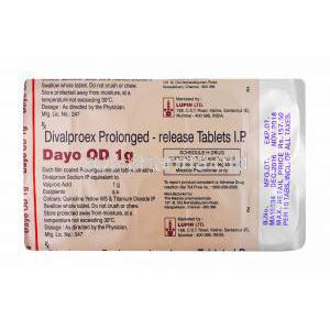 Dayo OD, Divalproex 1000mg tablets back