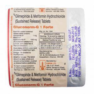 Gluconorm-G Forte, Glimepiride and Metformin 1mg tablets back