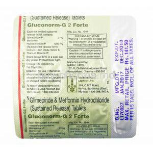 Gluconorm-G Forte, Glimepiride and Metformin 2mg tablets back