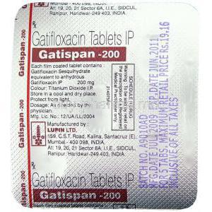 Gatispan, Generic  Tequin, Gatifloxacin 200 mg packaging information