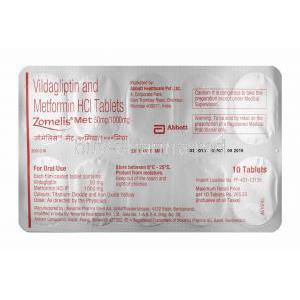 Zomelis Met, Metformin and Vildagliptin 1000mg tablets back