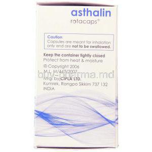 Asthalin, Generic Ventolin,  Salbutamol 200 Mcg Rotacap (Cipla)  Manufacturer Data