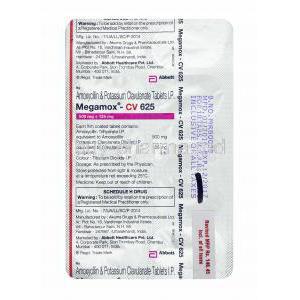 Megamox CV, Amoxicillin and Clavulanic Acid 625mg tablets back