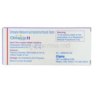Olmecip-H, Generic Benicar HCT, Olmesartan/ Hydrochlorothiazide 20 mg/ 12.5 mg Tablet manufacturer info