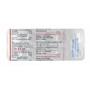 Lipi EZ, Atorvastatin and Ezetimibe 20mg tablets back