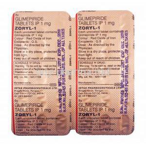 Zoryl, Glimepiride 1mg tablets back