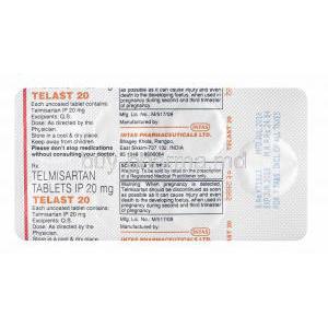 Telast, Telmisartan 20mg tablets back