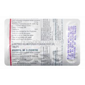 Zoryl-M Forte, Glimepiride and Metformin 3mg tablets back