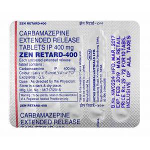Zen Retard, Carbamazepine 400mg tablets back