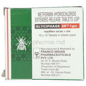 Generic Glucophage, Metformin  1000 mg Tablet  box