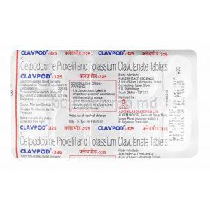 Clavpod, Cefpodoxime and Clavulanic Acid 325mg tablets back