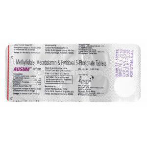 Ausum, L-Methylfolate Calcium, Mecobalamin and Pyridoxal 5-Phosphate tablets back
