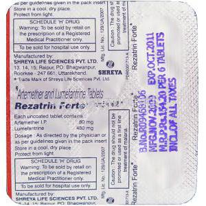 Rezatrin Forte, Artemether/ Lumefantrine 80 mg , 480 mg Tablet packaging information