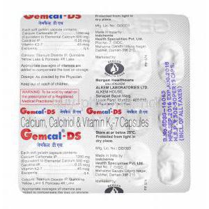 Gemcal-DS, Calcium Carbonate, Calcitriol and Vitamin K2 capsules back