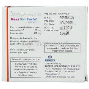 Rezatrin Forte, Artemether/ Lumefantrine 80 mg , 480 mg Tablet box information