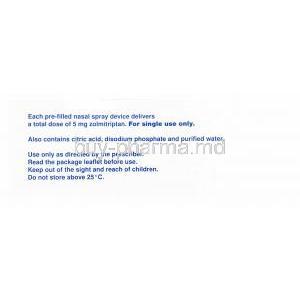 Zomig, Zolmitriptan Nasal Spray 6 pre-filled nasal spray devices, 5 mg, AstraZeneca, box side presentation with information