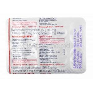 Glucoryl-MV, Glimepiride 1mg, Metformin 500mg and  Voglibose 0.2mg tablets back