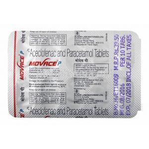 Movace P, Aceclofenac and Paracetamol tablets back