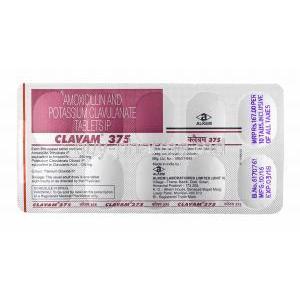 Clavam, Amoxicillin and Clavulanic Acid 375mg tablets back