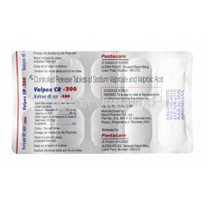 Valpex, Sodium Valproate 200mg tablets back