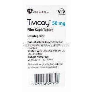 Tivicay, Dolutegravir 50 mg , 30 tablets, Glaxo Smith Kline, box side presentation with information