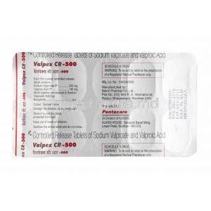 Valpex CR, Sodium Valproate 500mg tablets back