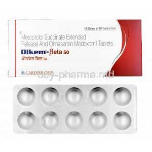 Olkem-Beta, Olmesartan and Metoprolol Succinate 50mg, box and tablets