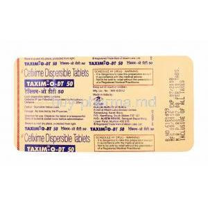 Taxim-O DT, Cefixime 50mg tablets back
