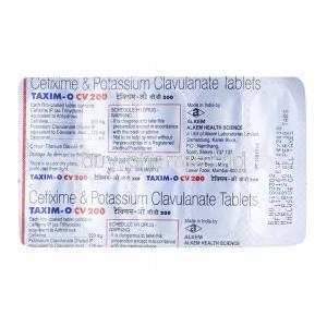 Taxim O CV, Cefixime and Clavulanic Acid, tablets back