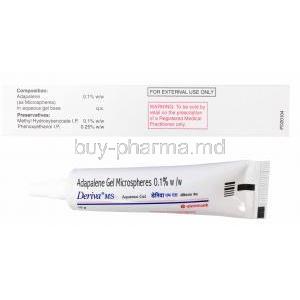 Deriva MS, Adapalene Gel Microspheres 0.1% 15g, Glenmark, box and tube back presentation