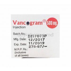 Vancomycin Injection, 200mg, box side view