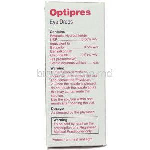 Optipres, Generic Betoptic/ Kerlone, Betaxolol Eye Drops 0.5% 5ml Box Composition