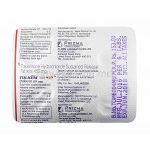 Tolkem, Tolperisone 450mg tablets back