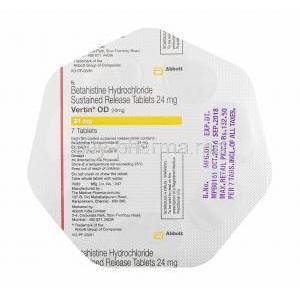 Vertin OD, Betahistine 24mg tablets back