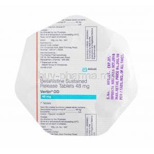 Vertin OD, Betahistine 48mg tablets back