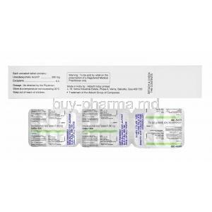 Udiliv, Ursodesoxycholic Acid 300mg composition, tablts back