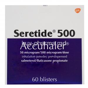 Seretide 500 Accuhaler, 50mcg/500mcg GSK box front presentation