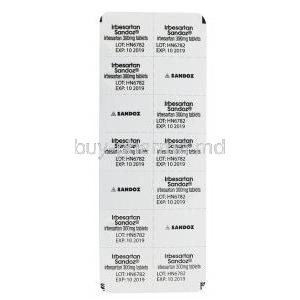 Irbesartan Sandoz, 300mg 30 tabs, blister pack back presentation