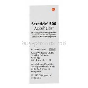 Seretide 500 Accuhaler, box back presentation