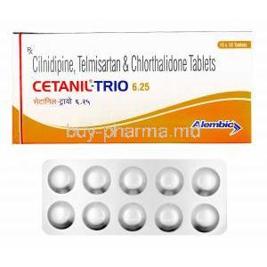 Cetanil-Trio, Telmisartan, Cilnidipine and Chlorthalidone 6.25mg box and tablets