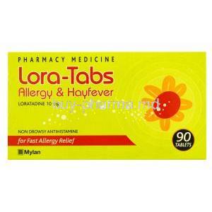 Lora-tabs, Loratadine 10mg 90 tabs, Mylan, Box front presentation