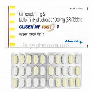 Glisen MF Forte, Glimepiride and Metformin 1mg box and tablets